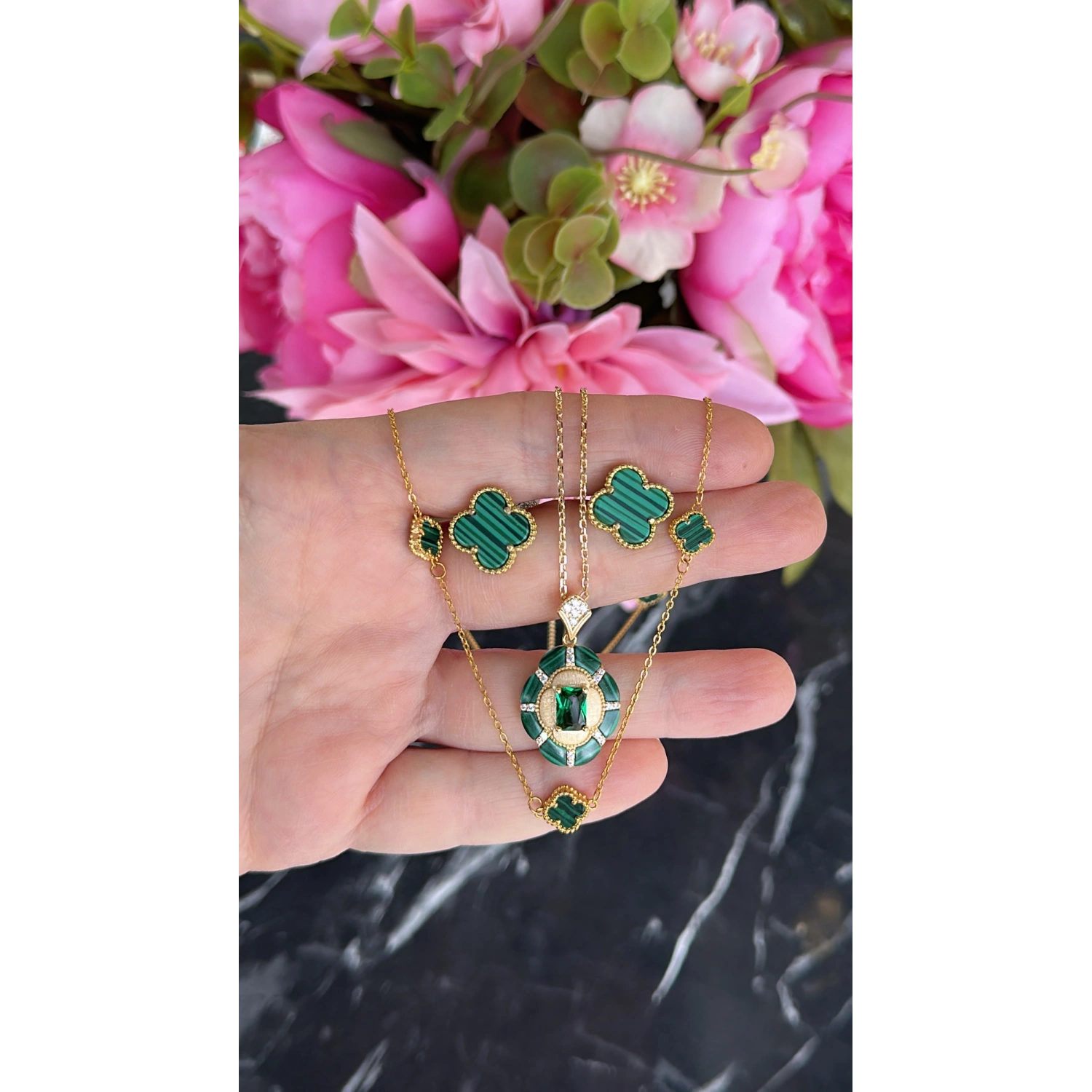 Malahit 7li Mini Yonca Kolye