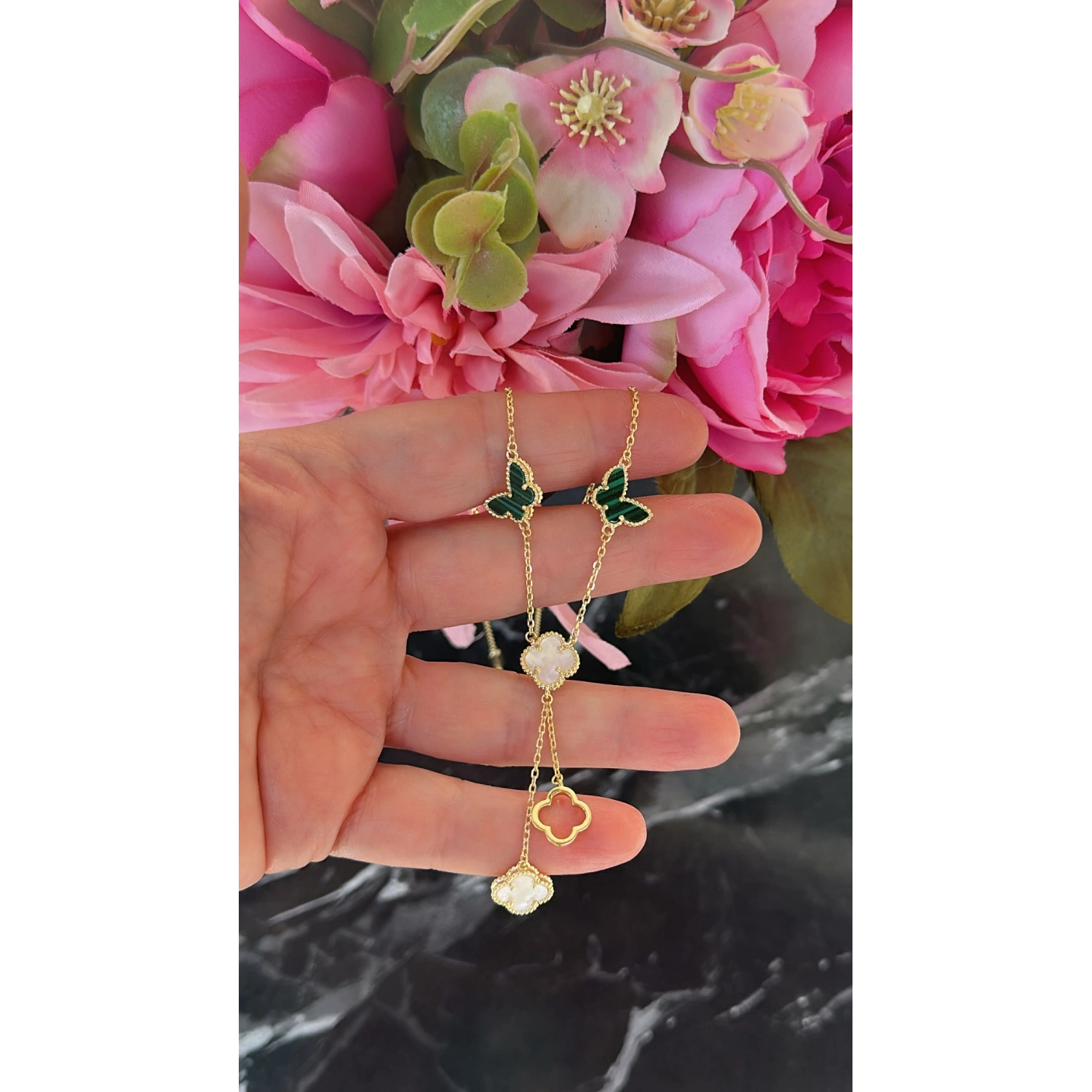 Malahit Kelebek Y Kolye