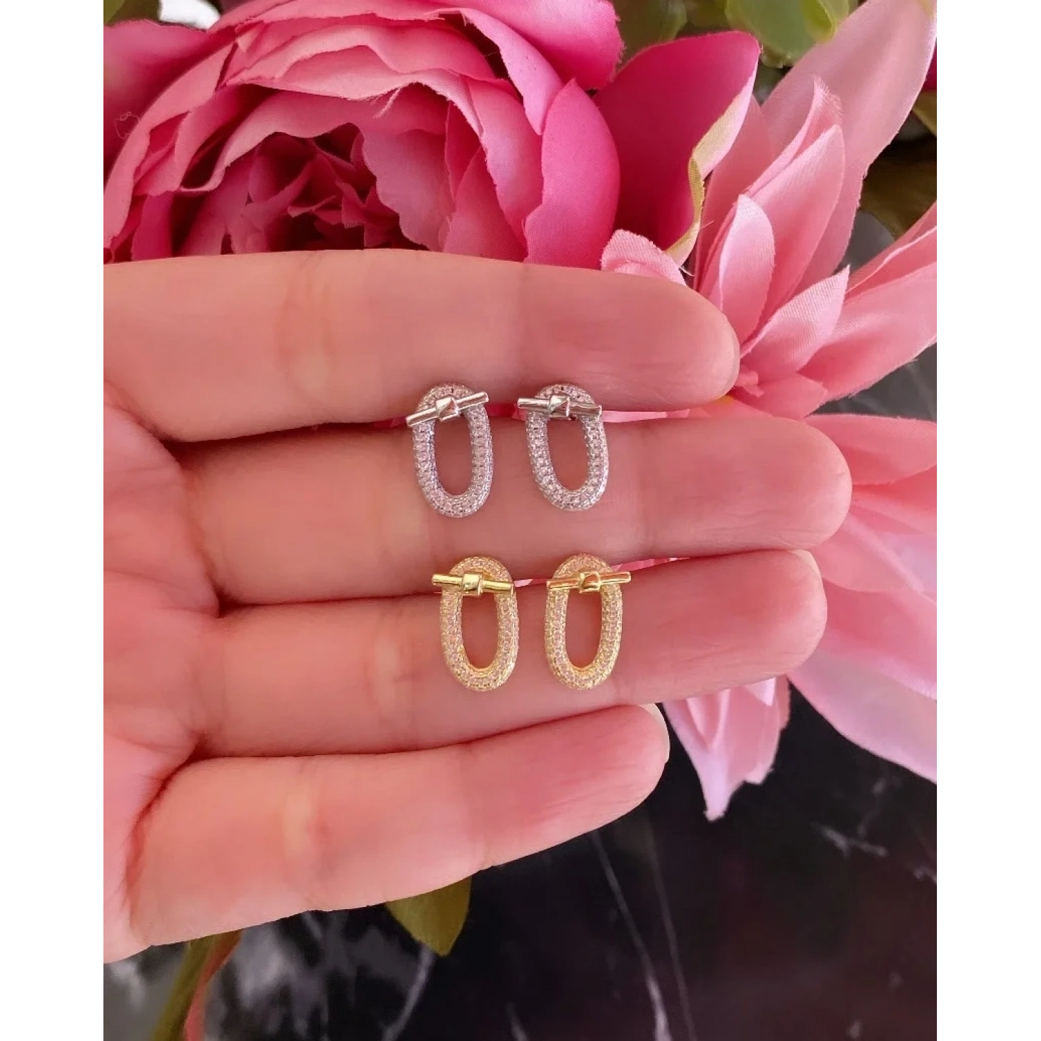 Mini Herry Pin Oval Taşlı Küpe