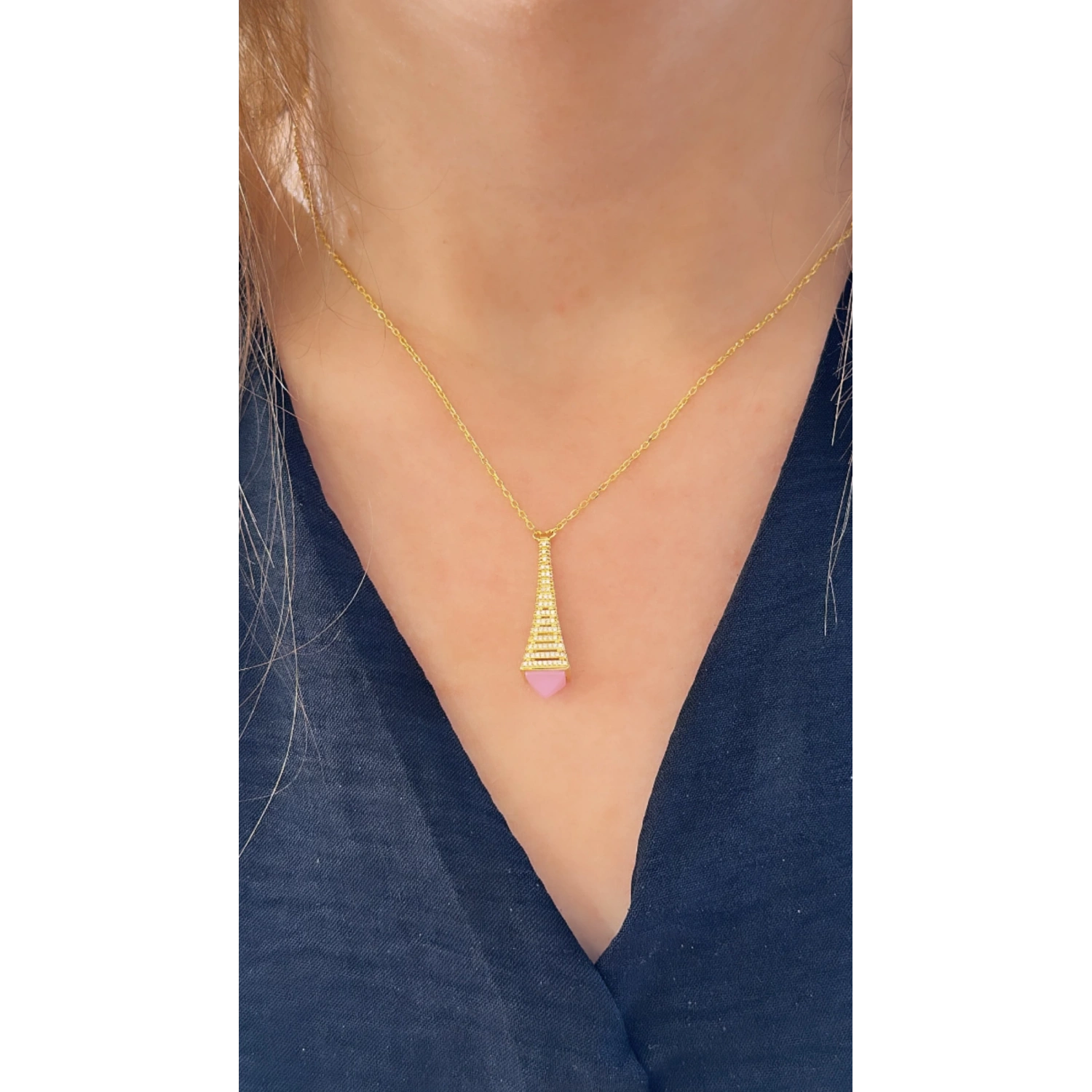 Mrl Pembe Kuvars Ful Taşlı Kolye