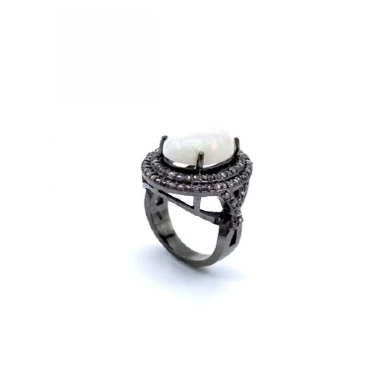 Oval Opal Taşlı Ham Elmas 2 Sıra Taşlı Yüzük