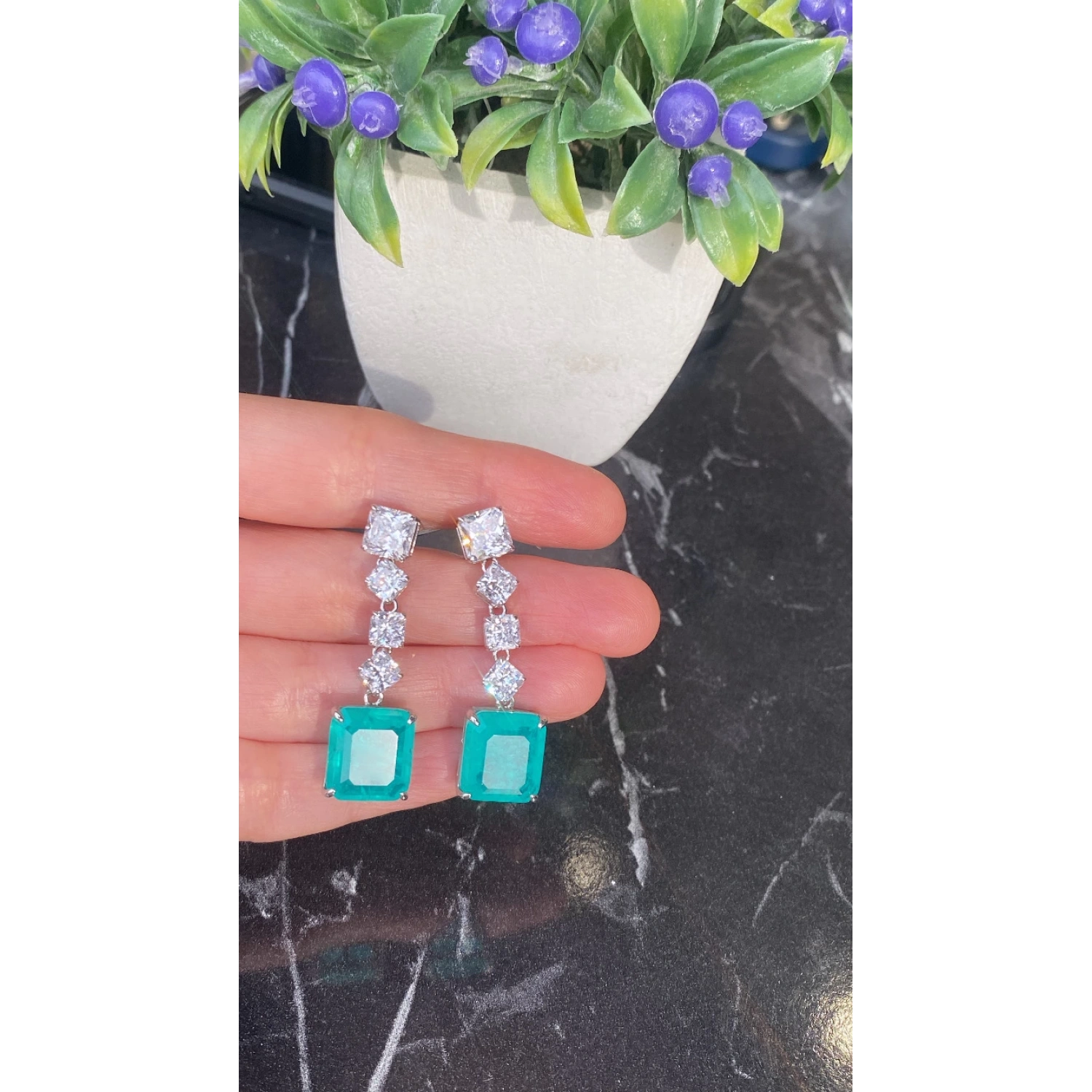 Paraiba 4 Kare Radiant Taşlı Küpe