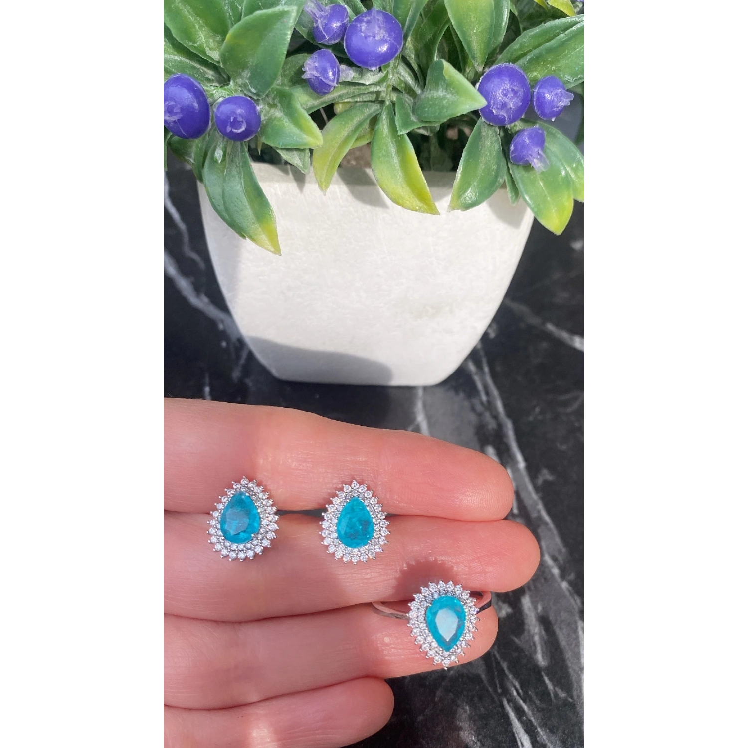 Paraiba Damla Küpe Yüzük Set