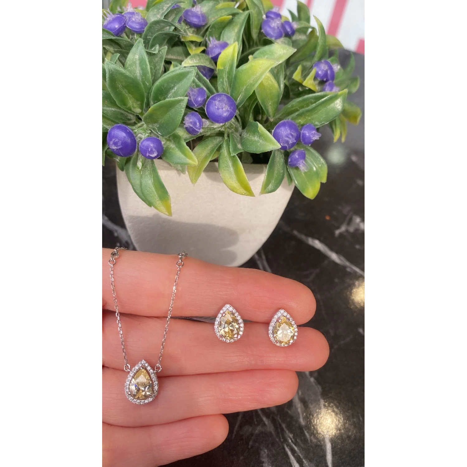 Sarı Damla Küpe Kolye Set