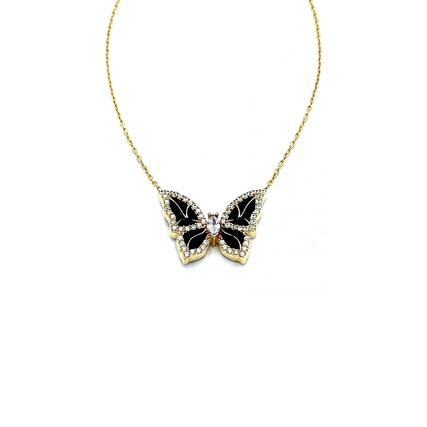 Siyah Yanları Taşlı Kelebek Kolye