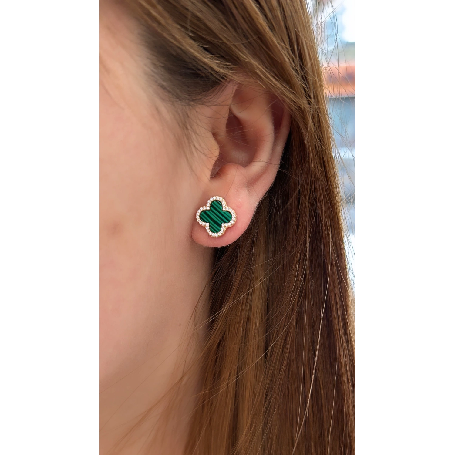 Taşlı Malahit Yonca Küpe