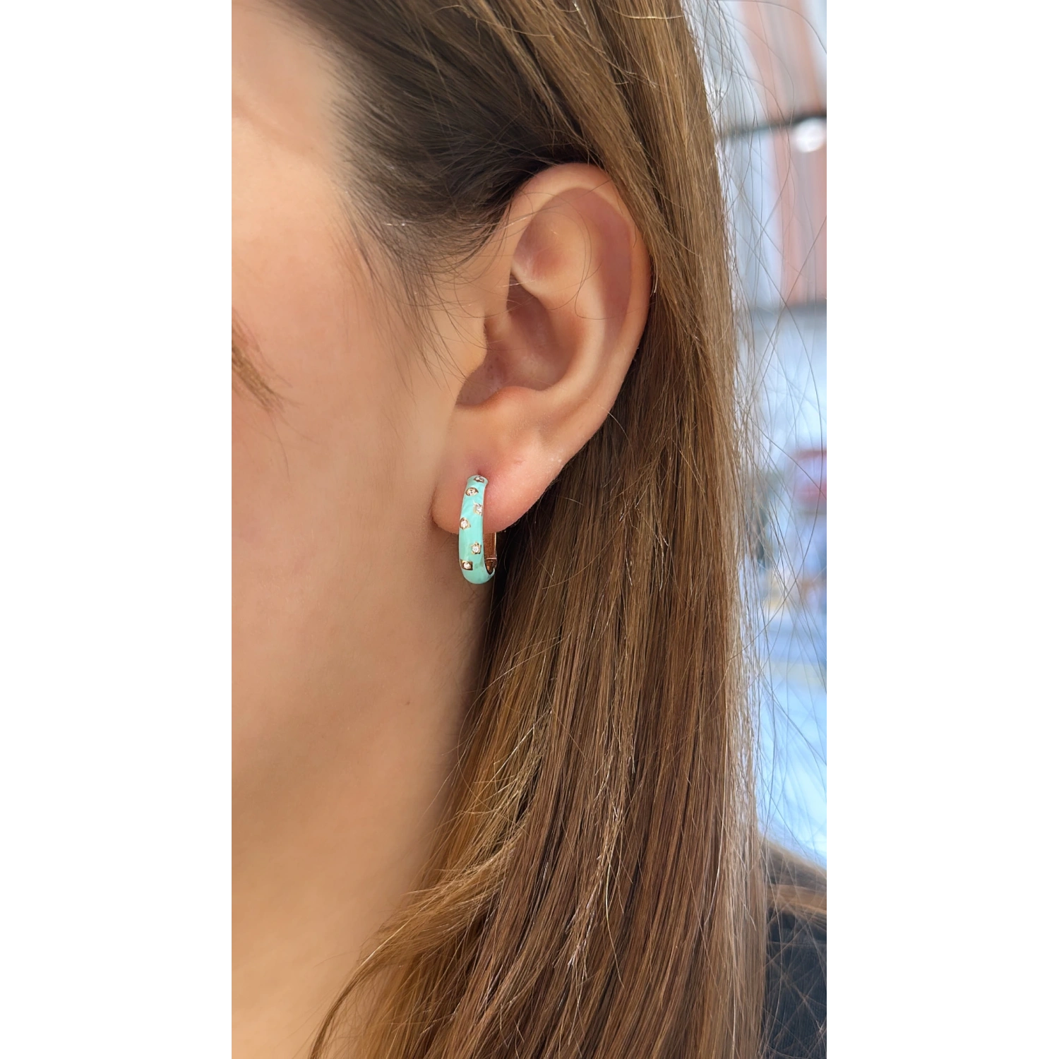 Taşlı Mint Mineli 1,5cm Halka Küpe