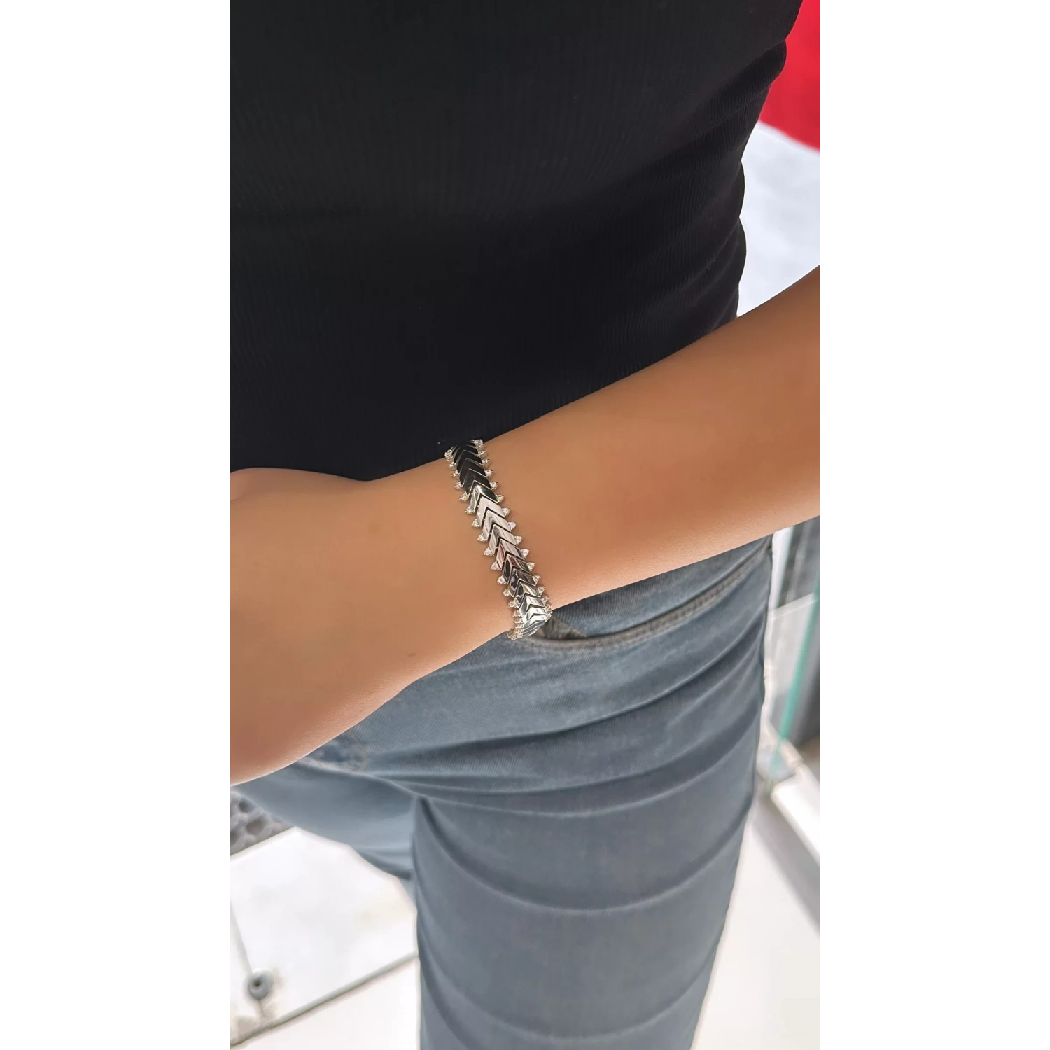 Taşlı Tırtıklı G Mln Chain Bileklik