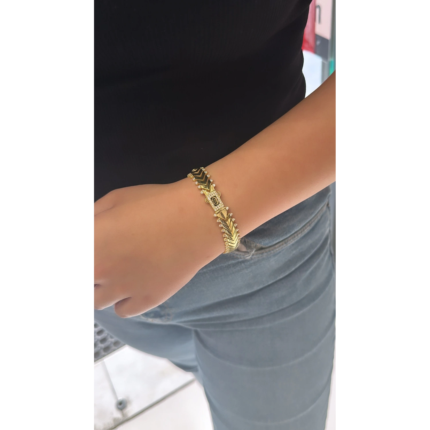 Taşlı Tırtıklı G Mln Chain Bileklik