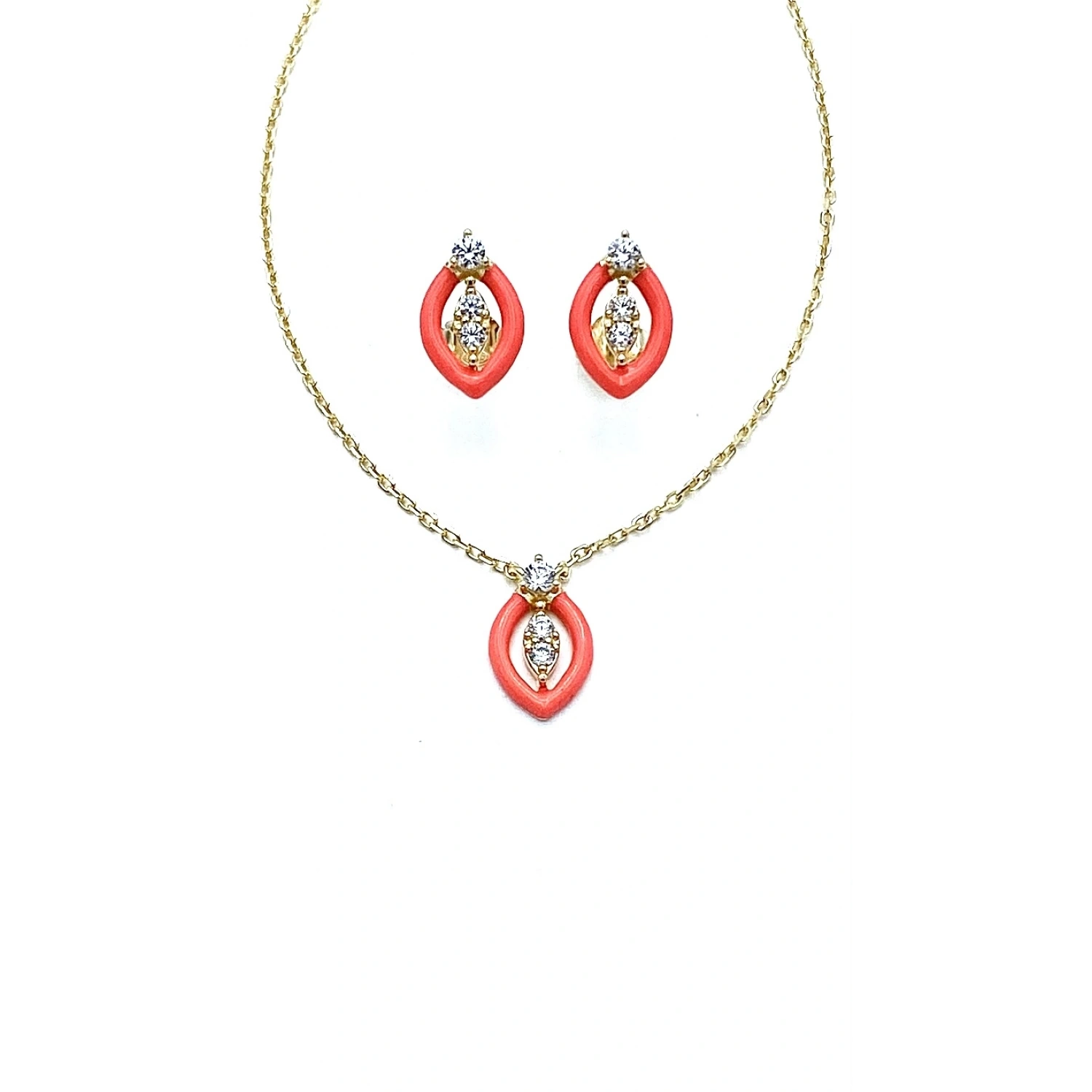 Turuncu Mineli Oval Kolye Küpe Set