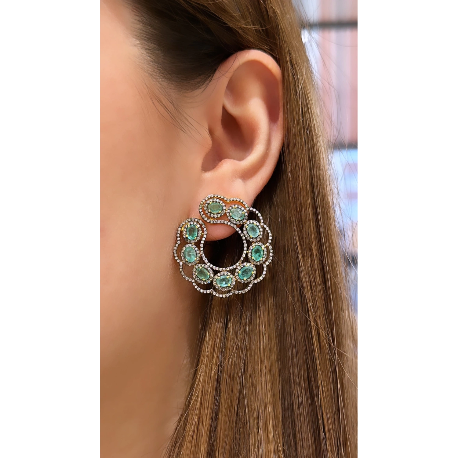 Zümrüt ve Ham Elmas Taşlı Küpe