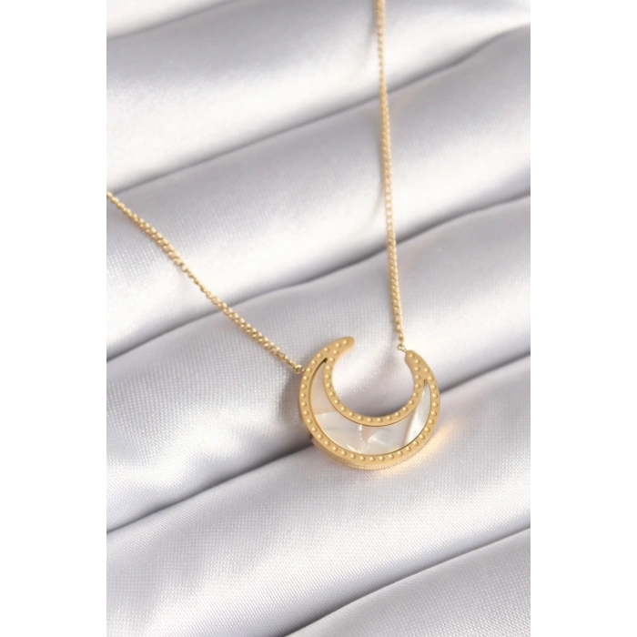 316L Çelik Gold Renk Beyaz Sedefli Hilal Model Kadın Kolye