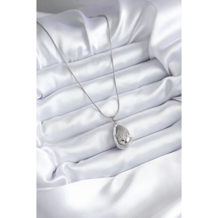 316L Çelik Gümüş Renk Damla Model Yıldız İşleme Zirkon Taş Detay Kadın Kolye