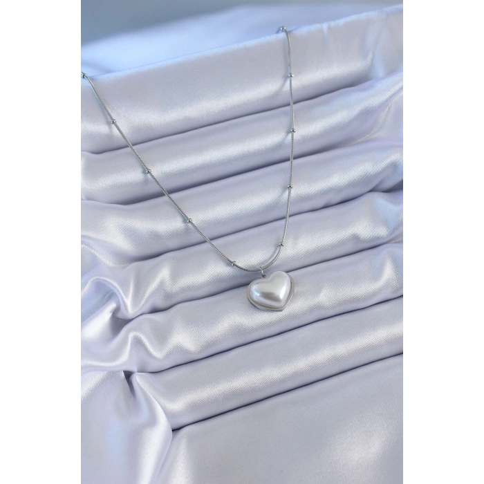 316L Çelik Gümüş Renk İncili Kalp Model Minimal Top Detay Kadın Kolye