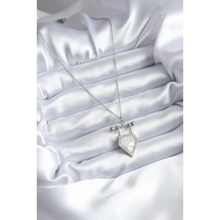 316L Çelik Gümüş Renk Zirkon Taş Detay Kadın Kolye