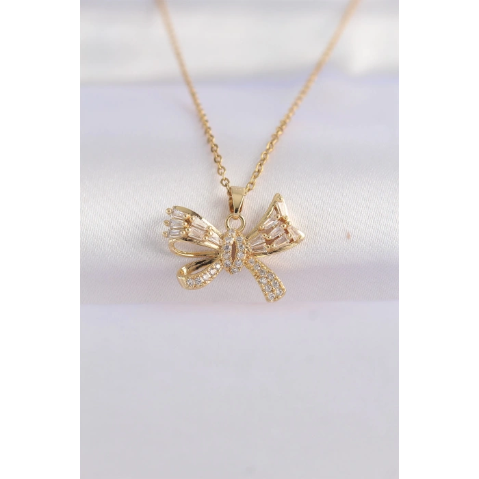 316L Çelik Zincir Altın Renk Zirkon Taşlı Fiyonk Kolye