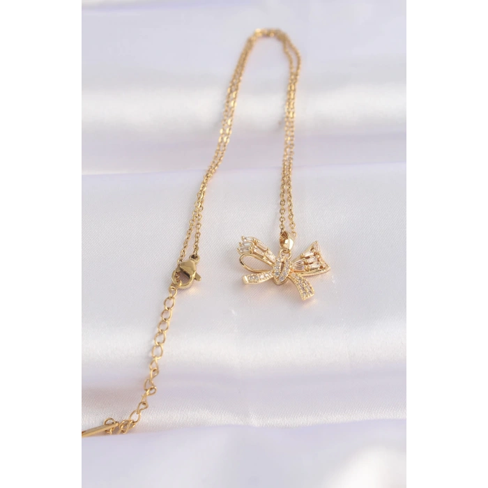 316L Çelik Zincir Altın Renk Zirkon Taşlı Fiyonk Kolye