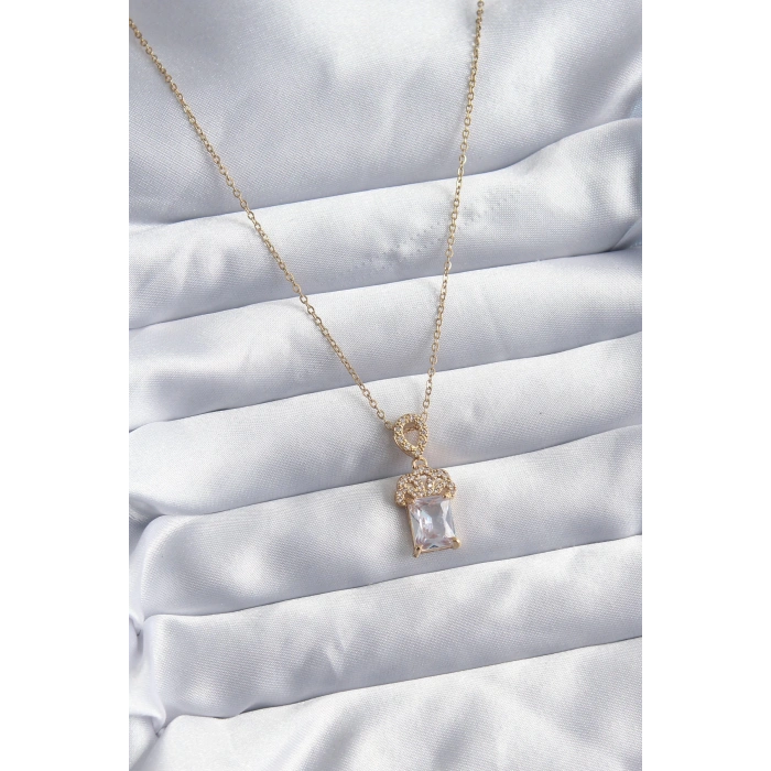 316L Çelik Zincir Gold Renk Zirkon Taşlı Taç Model Kadın Kolye