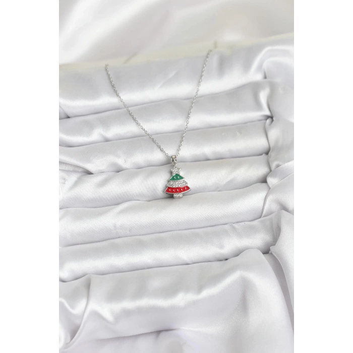 316L Çelik Zincir Gümüş Ren Çam Ağacı Model Zirkon Taşlı Yılbaşı Temalı Kadın Kolye