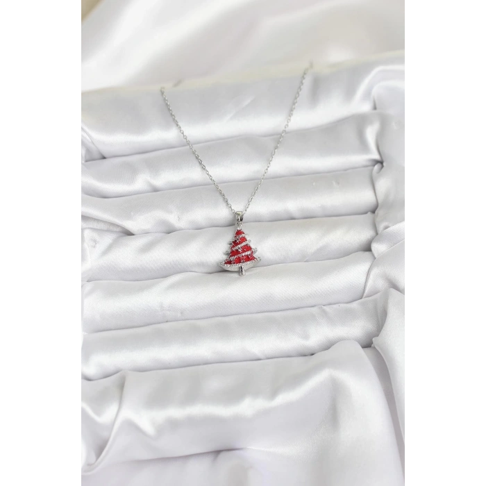 316L Çelik Zincir Gümüş Renk Kırmızı Çam Ağacı Model Yılbaşı Temalı Kadın Kolye