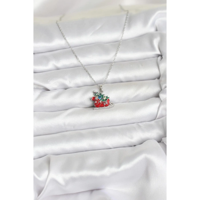 316L Çelik Zincir Gümüş Renk Kızak ve Çam Ağacı Figürlü Yılbaşı Temalı Kadın Kolye