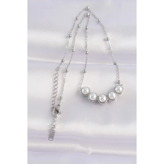 316L Çelik Zincir Gümüş Renk Sıralı İnci Taşlı Kolye