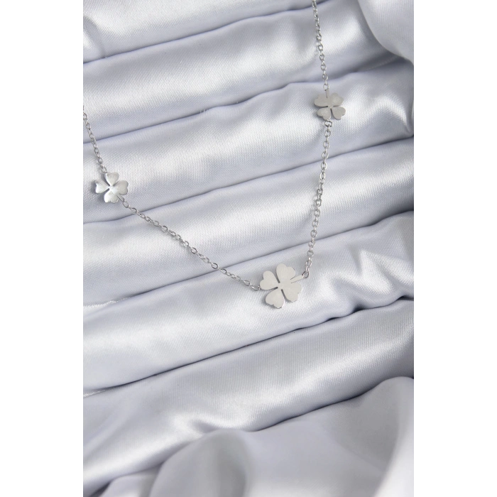 316L Çelik Zincir Gümüş Renk Yonca Model Kadın Kolye
