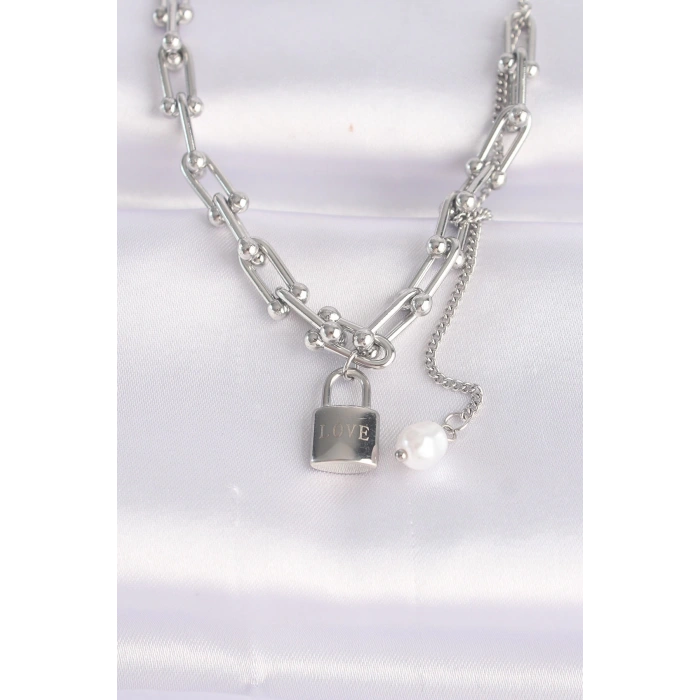 316L Çelik Zincir Gümüş Renk Zincirli Love Yazılı Kilit Kolye