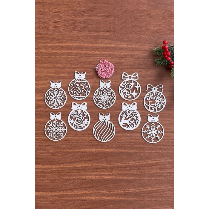 Adshome® 10 Parça Kırmızı Beyaz İpli Fiyonk Model Ahşap Yılbaşı Ağaç Süsü