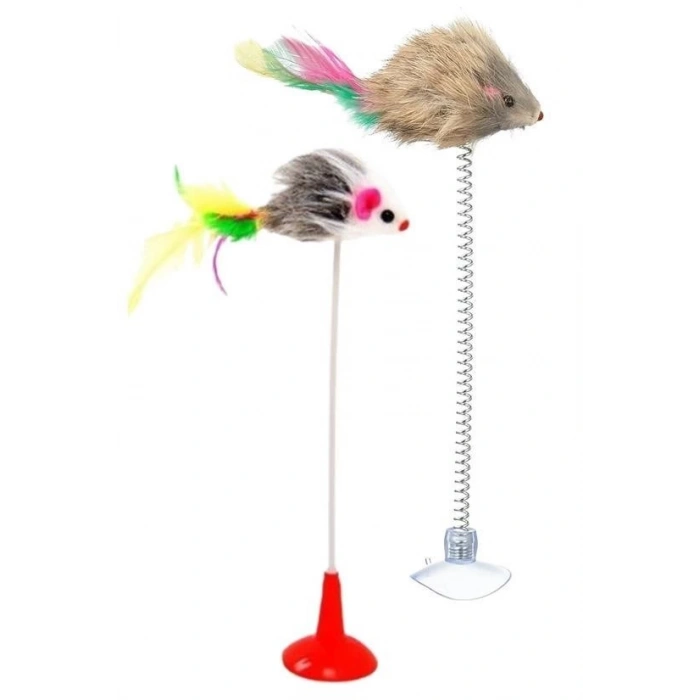 Adshome® 2li Vantuzlu Fareli Tüylü Hareketli Çanlı ve Esneyen Eğlenceli Peluş Kedi Oyuncağı