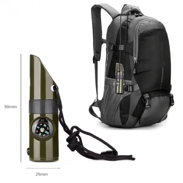 Adshome® 7si 1arada Acil Durum Düdüğü,El Feneri, Termometre,Pusula,Büyüteç,Depolama Bölmeli Kampçı Düdüğü