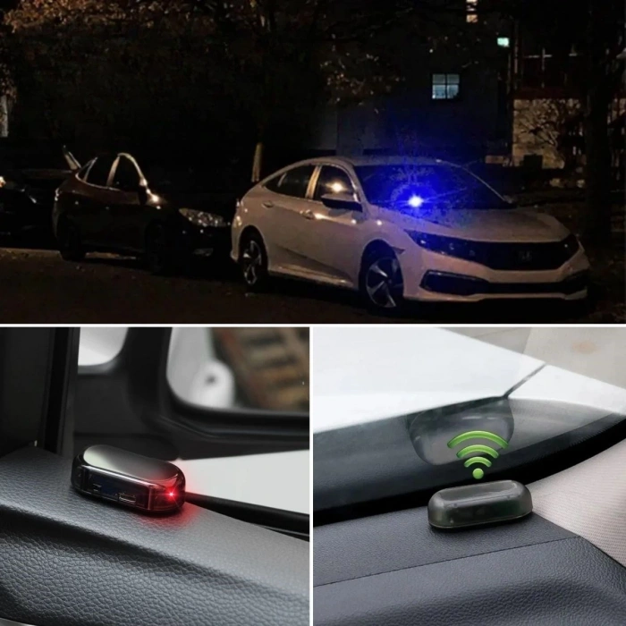 Adshome®  Araç İçin Caydırıcı Solar Enerji İle Şarj Olan  Güçlü Yapışkanlı Işıklı Plastik Mini Sahte Alarm