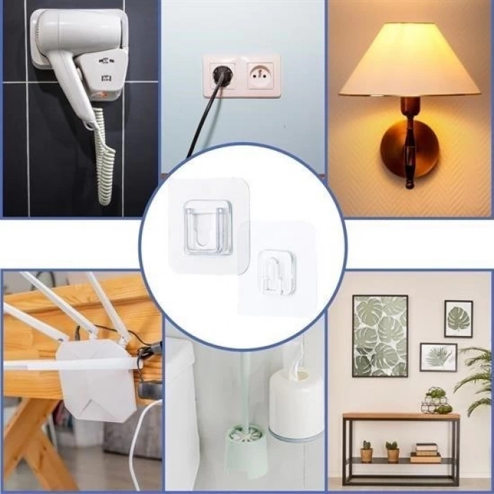 Adshome® Eşya Sabitleme Askısı 10 Çift Şeffaf Çift Taraflı Yapışkanlı Geçmeli Klips