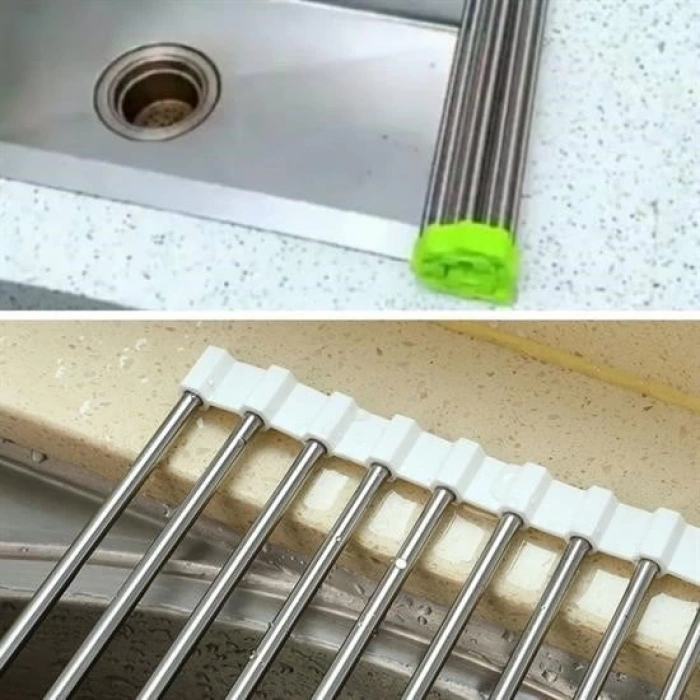 Adshome® Evye Üstü Katlanır Nihale Paslanmaz Çelik Pratik Sebze Meyve Bulaşık Kurutma Süzgeci
