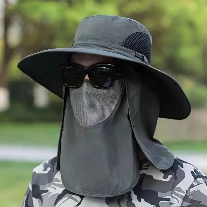 Adshome® Güneş Koruyuculu Nefes Alabilen Maskeli ve Boyun Kapaklı Geniş Kenarlı Balıkçı Şapkası