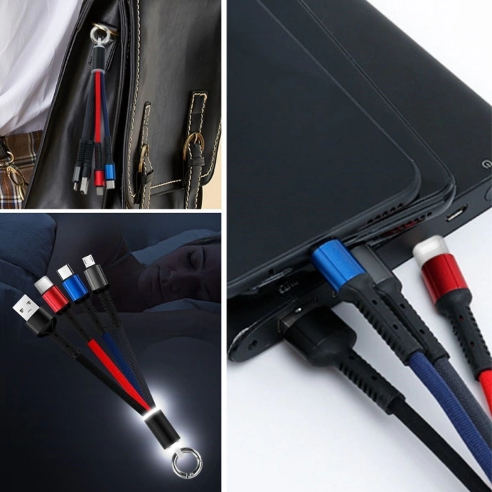 Adshome® Işıklı Anahtarlık Model 3 in 1 USB Çıkışlı MİKRO,TYPE-C ve İphone Uyumlu Şarj Kablosu