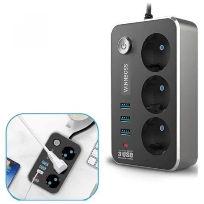 Adshome® Isıya Dayanıklı Termal Akım Korumalı 2 Mt 10A 2500W 3lü Priz ve 3 Usbi 21A Uzatma Kablosu