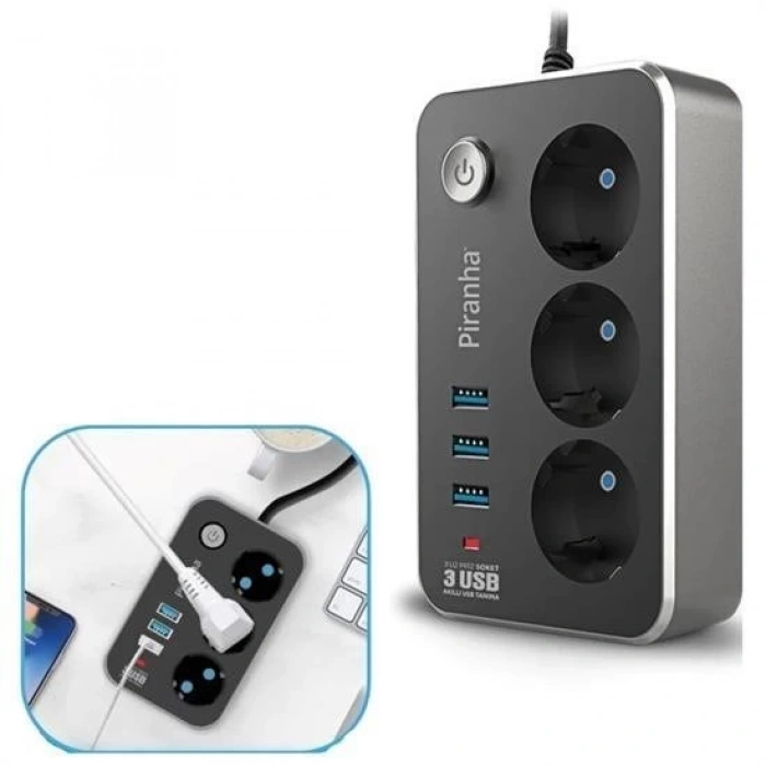 Adshome® Isıya Dayanıklı Termal Akım Korumalı 2 Mt 10A 2500W 3lü Priz ve 3 Usbi 21A Uzatma Kablosu