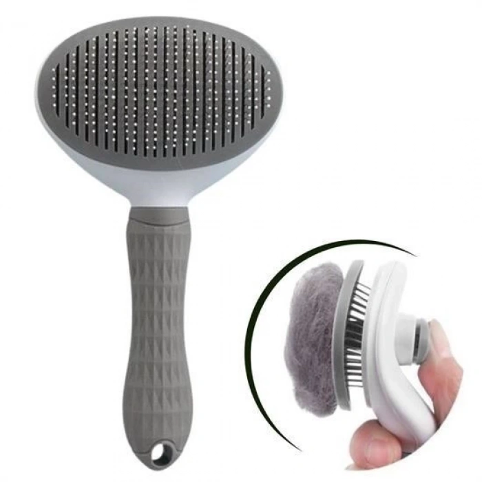 Adshome® Kedi Köpek Tüy Toplayıcı Kendini Temizleyebilen Ergonomik Rahat Evcil Hayvan Tarağı Gri