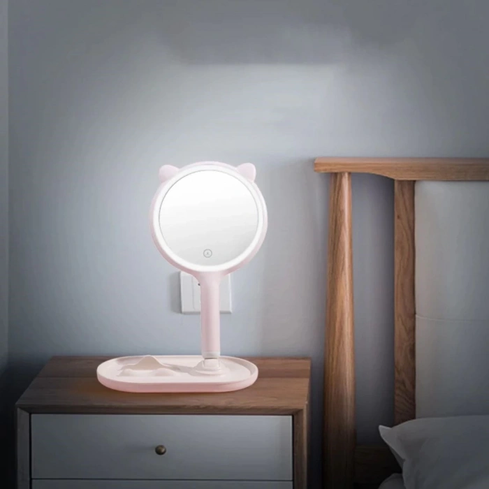 Adshome® Kedi Kulaklı Telefon Standlı Yuvarlak Dokunmatik Led Ayarlı Masa Üstü Makyaj Aynası