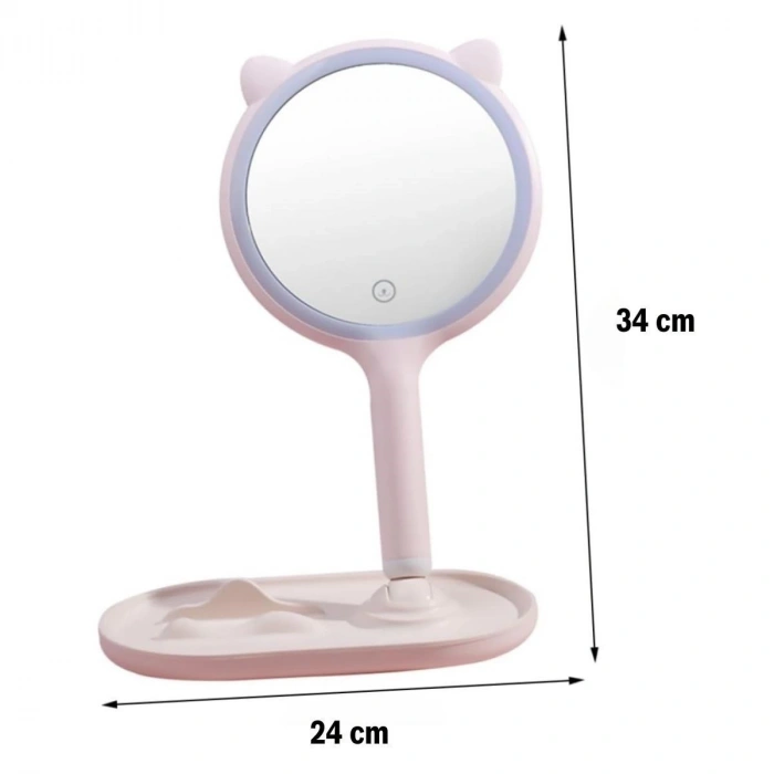 Adshome® Kedi Kulaklı Telefon Standlı Yuvarlak Dokunmatik Led Ayarlı Masa Üstü Makyaj Aynası