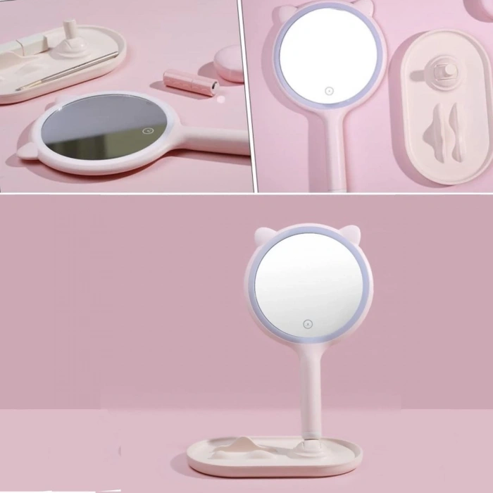 Adshome® Kedi Kulaklı Telefon Standlı Yuvarlak Dokunmatik Led Ayarlı Masa Üstü Makyaj Aynası