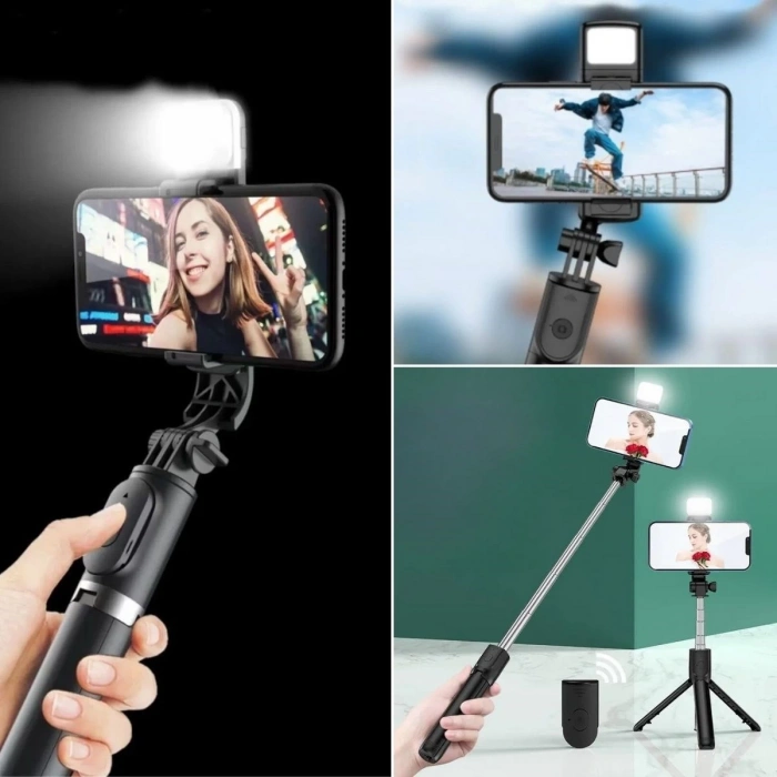 Adshome® Kendiliğinden Işıklı Masaüstü Tripod Olabilen Telefon Tutuculu Kablosuz Kumandalı Selfie Çubuğu