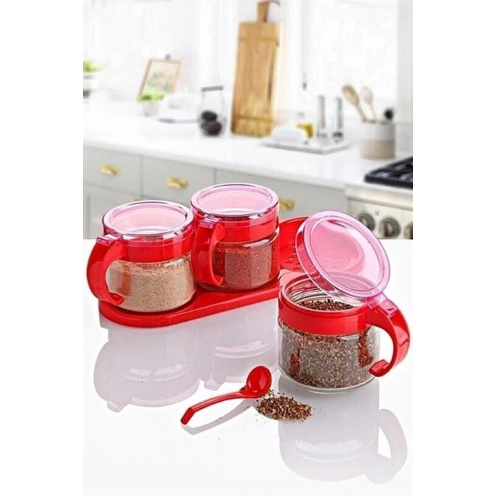 Adshome®  Kırmızı 3lü Standlı Kapaklı Kaşıklı Cam Hava Sızdırmaz Baharatlık Takımı  KC-386