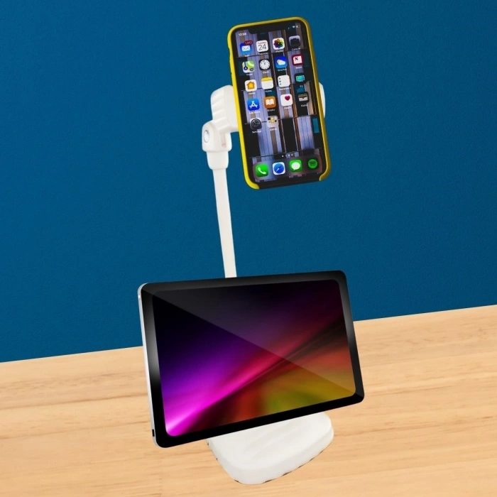 Adshome® Masa Üstü Tablet ve Telefon Tutucu Plastik Aparat Beyaz Telefon Standı