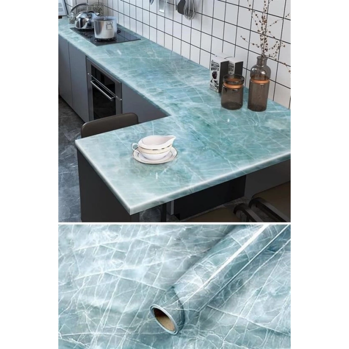 Adshome® Mermer Desenli Masa Tezgah Mutfak Su Geçirmez Yapışkanlı Folyo Sticker Mavi 5x0,6m