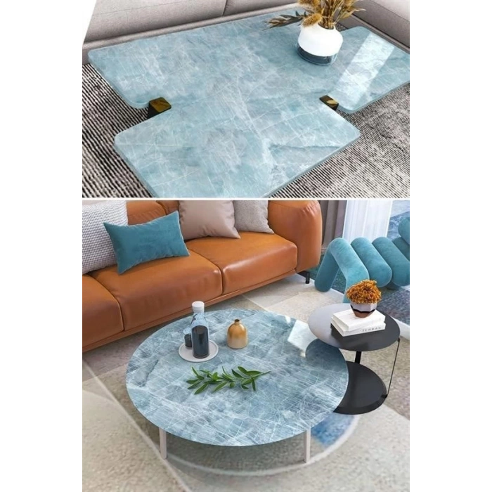 Adshome® Mermer Desenli Masa Tezgah Mutfak Su Geçirmez Yapışkanlı Folyo Sticker Mavi 5x0,6m