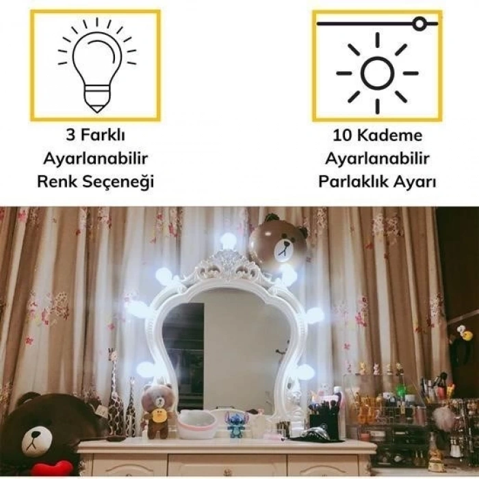 Adshome® Nostalji Hollywood Tarzı 10lu Makyaj Masası Aynası Beyaz Led Işıklı Lamba USB