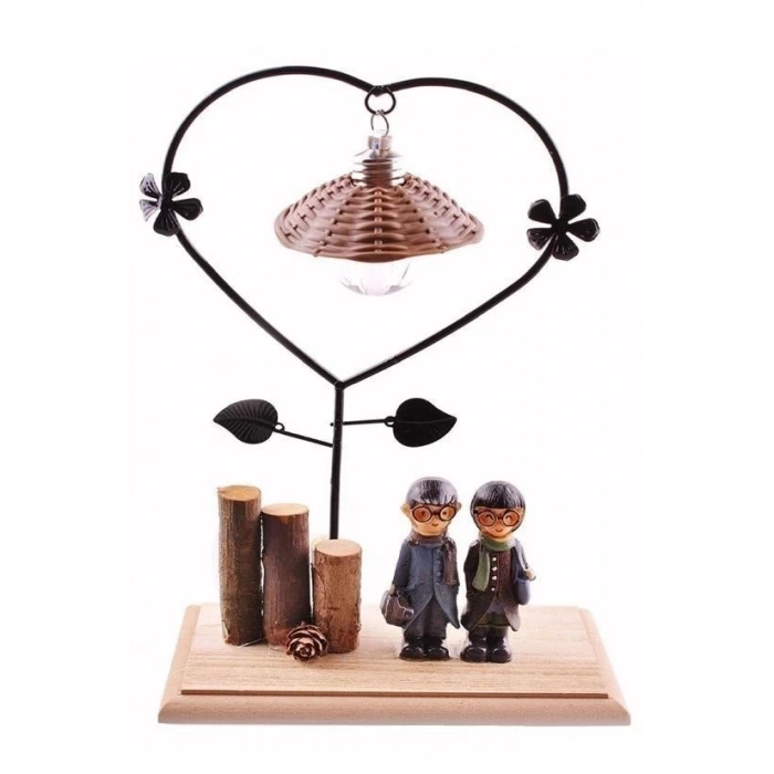 Adshome® Pilli Işıklı Romantik Çift Tema Büyük Boy Dekoratif Ahşap Biblo