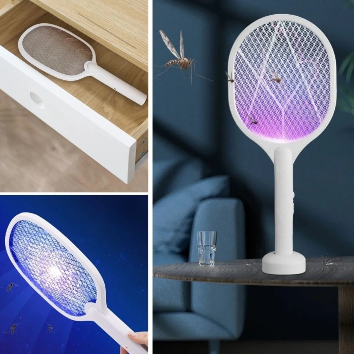 Adshome® Şarjlı Sinek Öldürücü Masaüstü Standlı,Mor Işık Sinek Kovucu Raket 5w